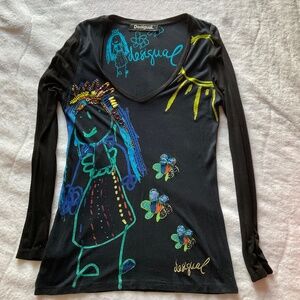 Desigual long sleeve top, black, size medium 38